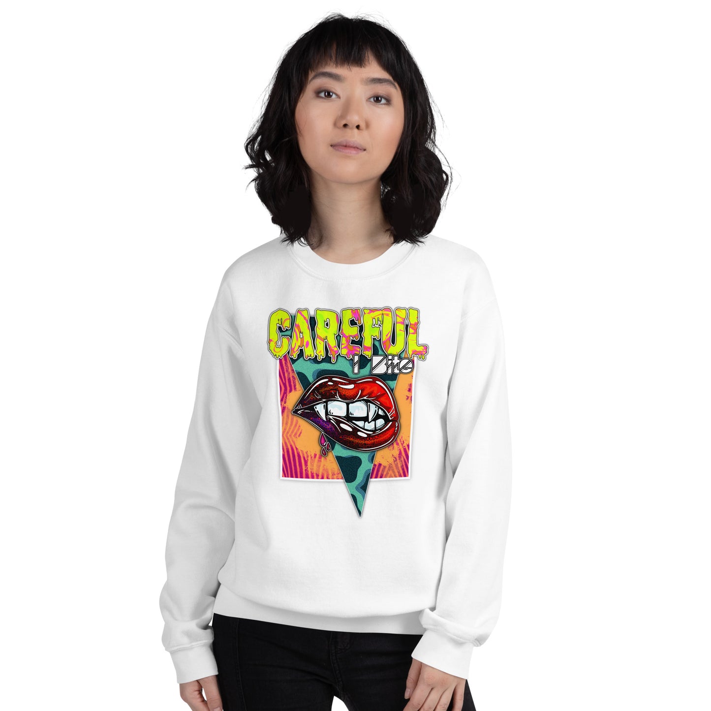 Custom Careful I Bite Vampire Fangs Lips Retro Graphic Unisex Sweatshirt